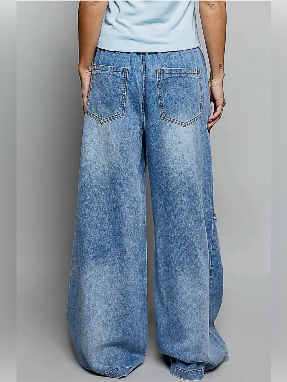 NEW Pol Wide Leg Jeans Vintage Washing Solid Back Elastic Band High Rise - Picture 3 of 7